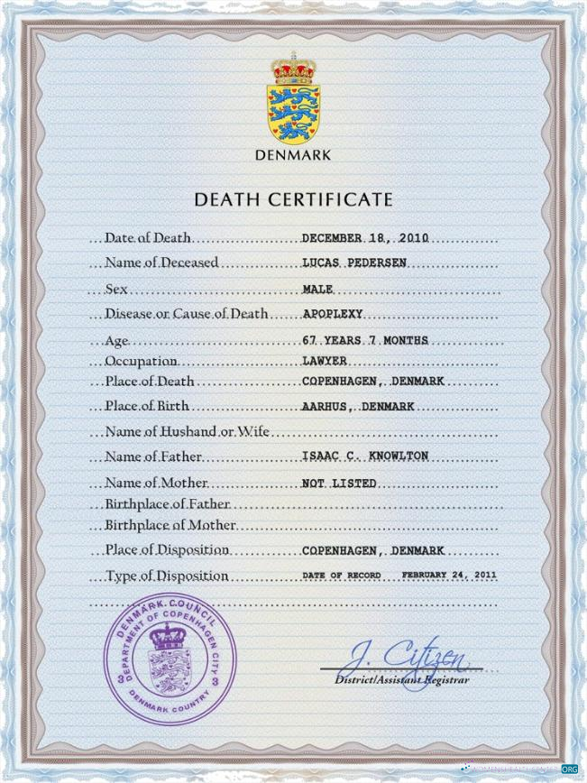 Download Denmark vital record death certificate PSD template Photoshop template